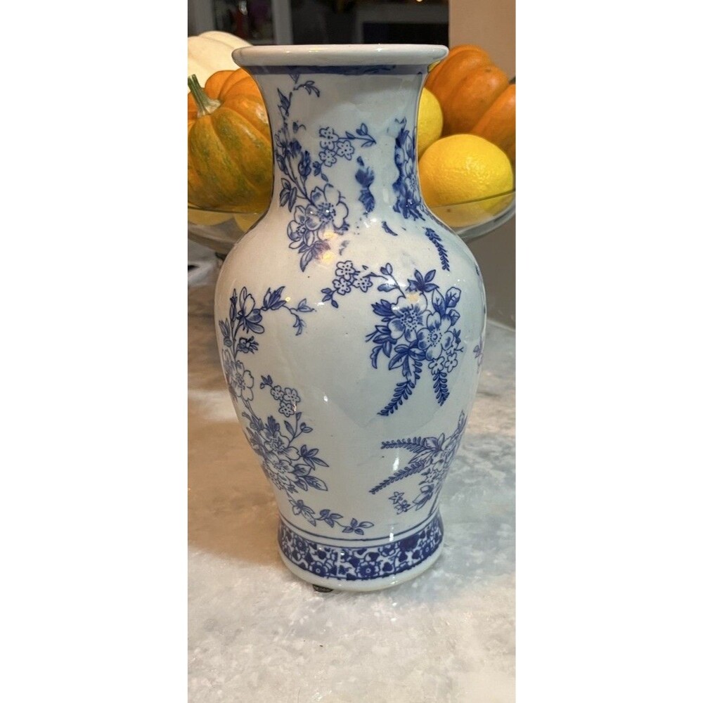 Blue White Floral Ceramic Vase 10” Cobalt Split Pattern Chinoiserie Decor E